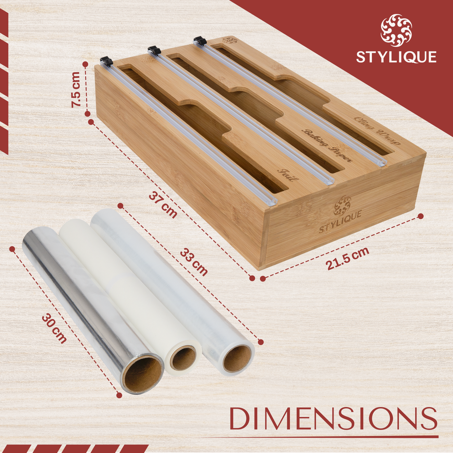 Bamboo 3 in 1 Cling Wrap, Baking Paper and Foil Dispenser with Cutter