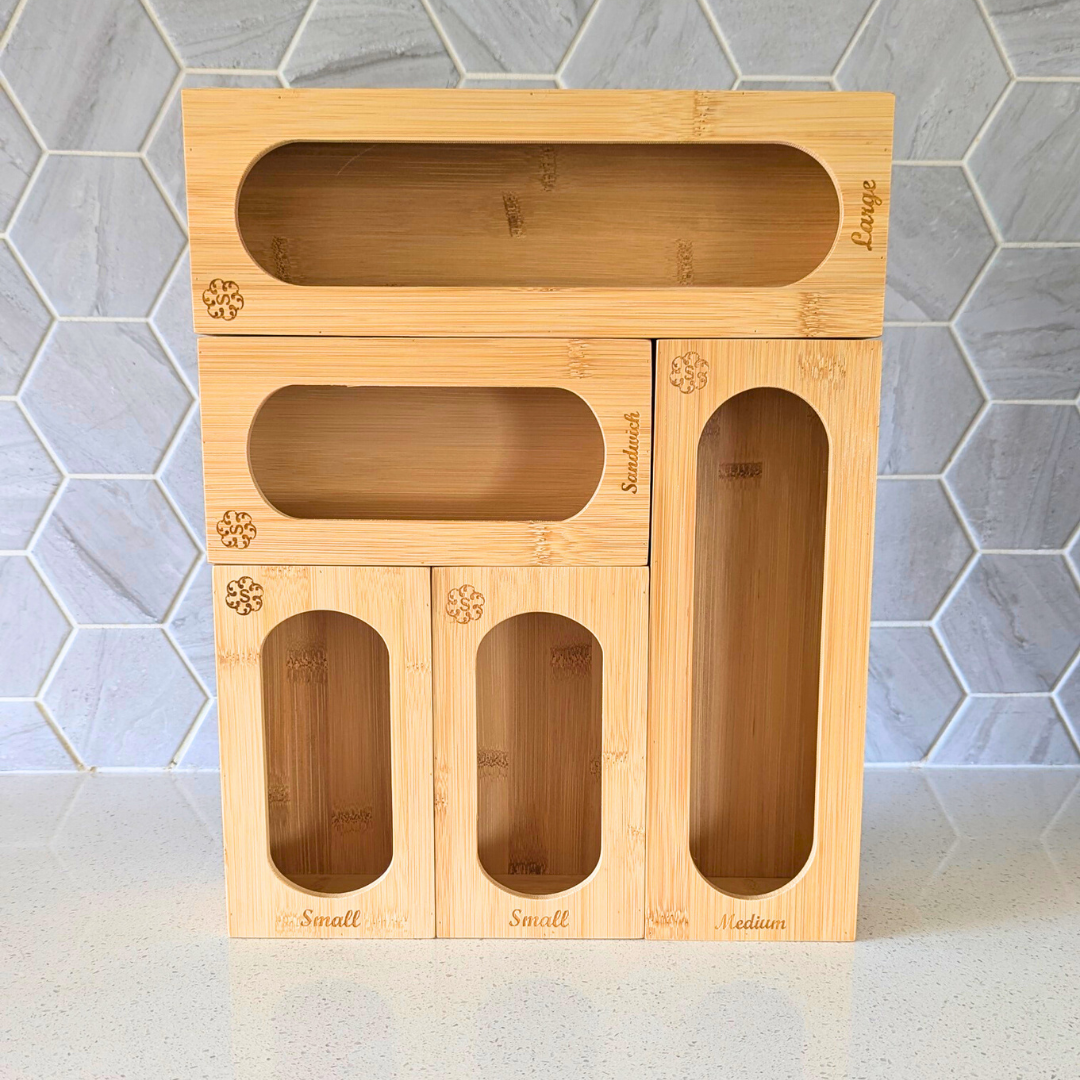 Bamboo Food Storage Bags Organiser | Detachable 5 Piece Set with Oval Fixed Lid
