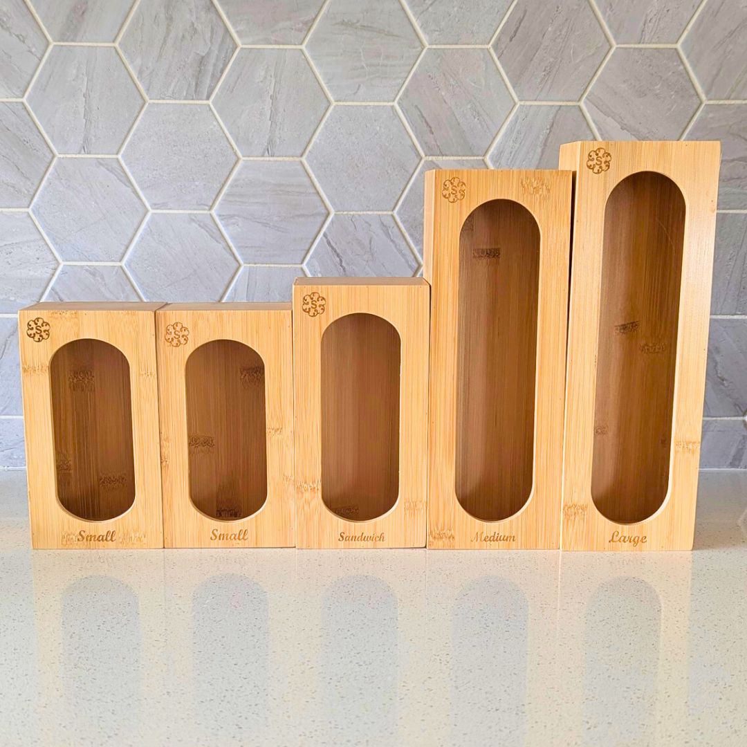 Bamboo Food Storage Bags Organiser | Detachable 5 Piece Set with Oval Fixed Lid