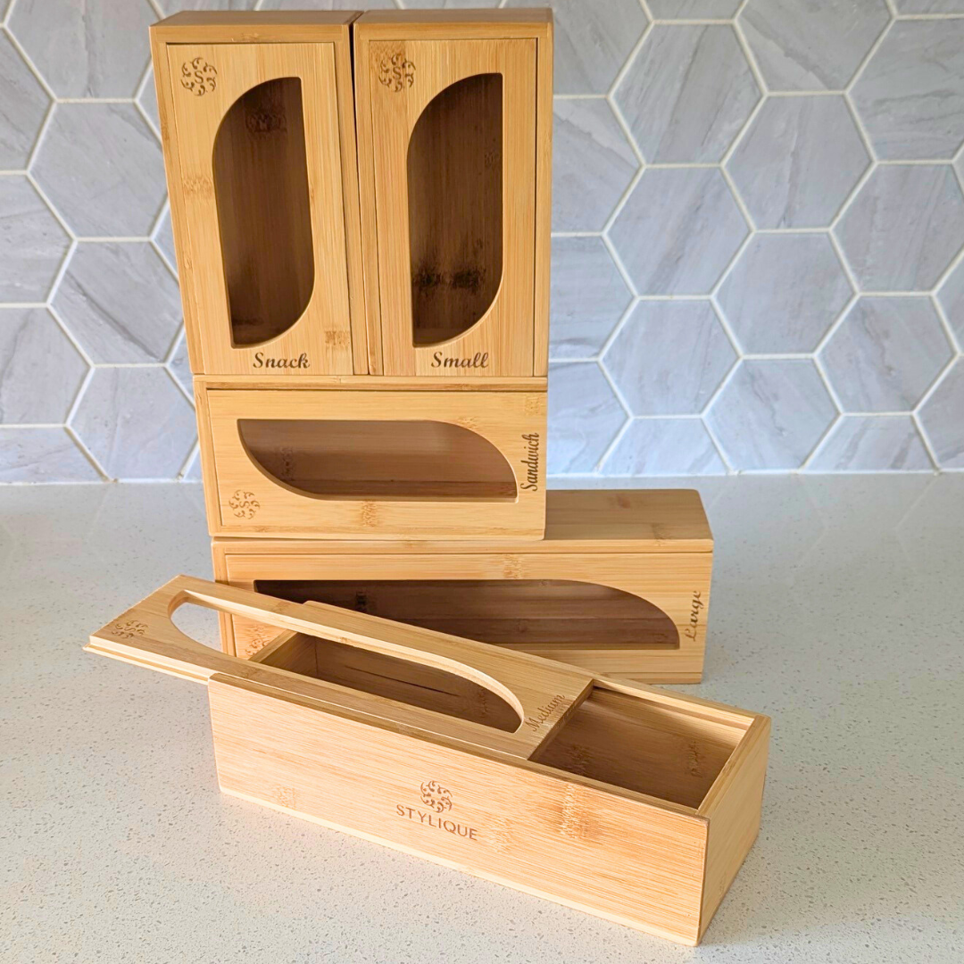 PRE-ORDER | Bamboo Food Storage Bags Organiser | Detachable 5 Piece Set with Sliding Wavy Lid