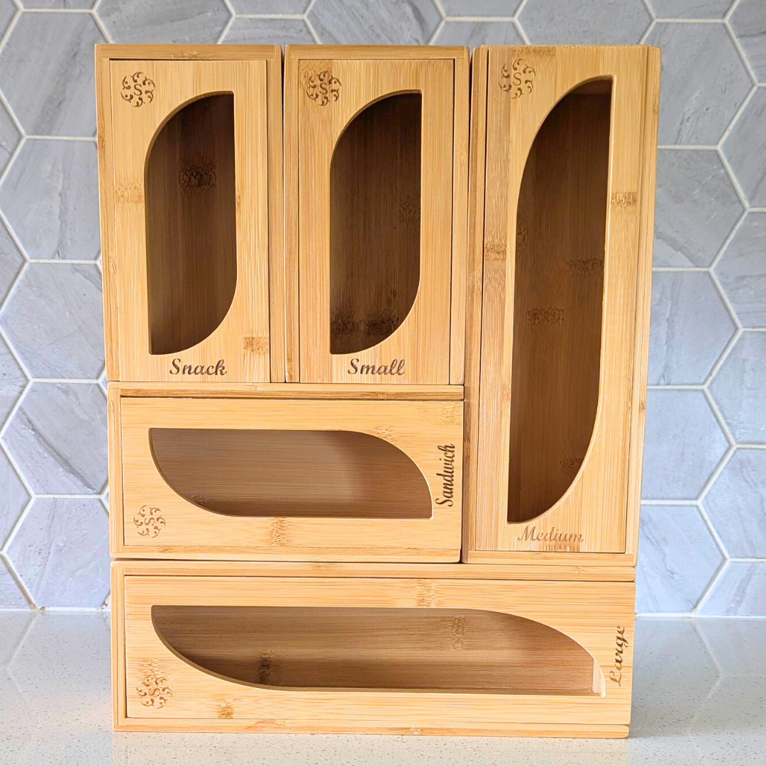 PRE-ORDER | Bamboo Food Storage Bags Organiser | Detachable 5 Piece Set with Sliding Wavy Lid
