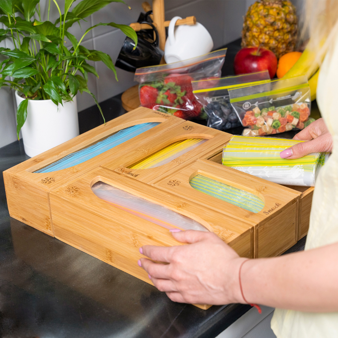 PRE-ORDER | Bamboo Food Storage Bags Organiser | Detachable 5 Piece Set with Sliding Wavy Lid