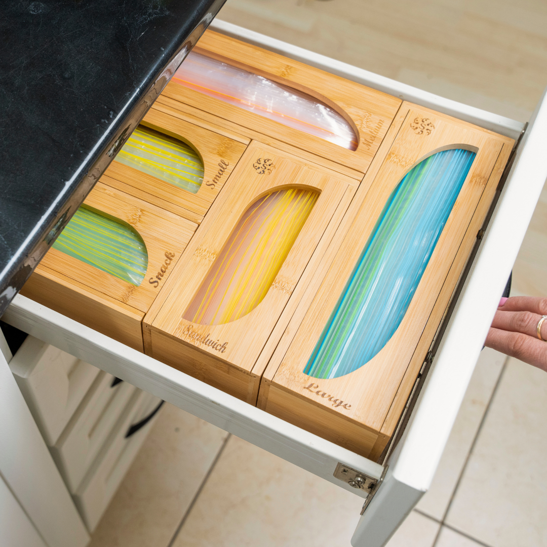 PRE-ORDER | Bamboo Food Storage Bags Organiser | Detachable 5 Piece Set with Sliding Wavy Lid