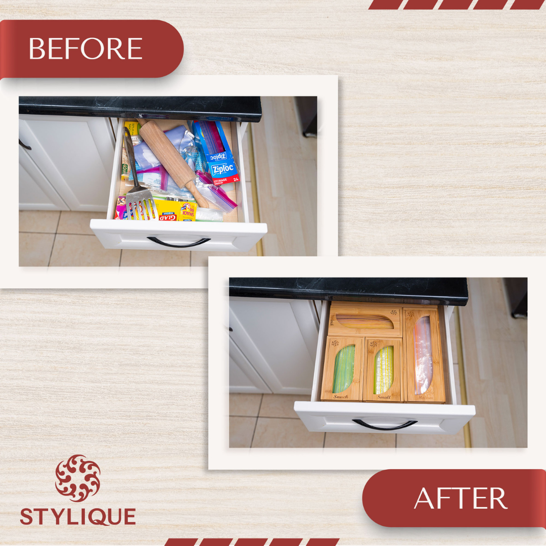PRE-ORDER | Bamboo Food Storage Bags Organiser | Detachable 5 Piece Set with Sliding Wavy Lid