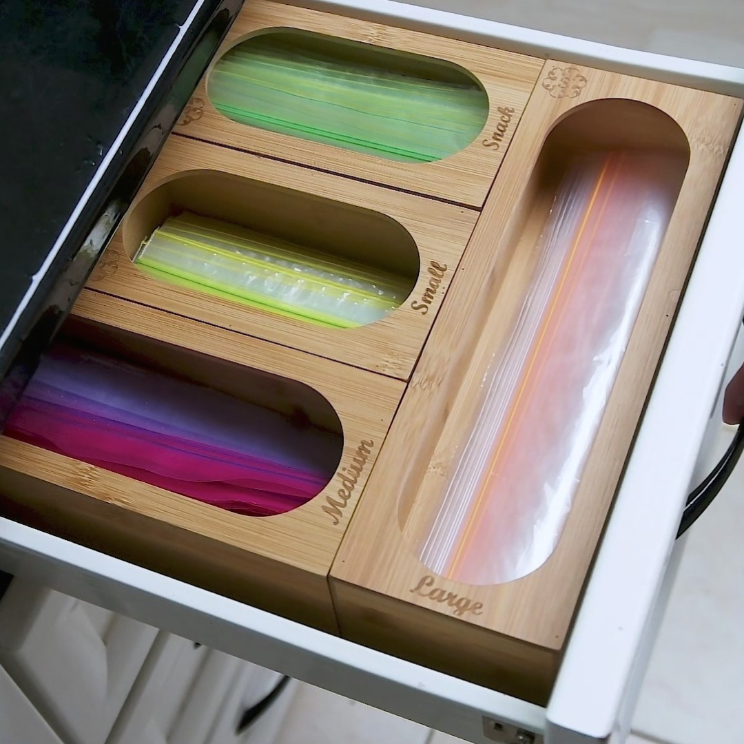 Bamboo Food Storage Bags Organiser | Detachable 5 Piece Set with Oval Fixed Lid