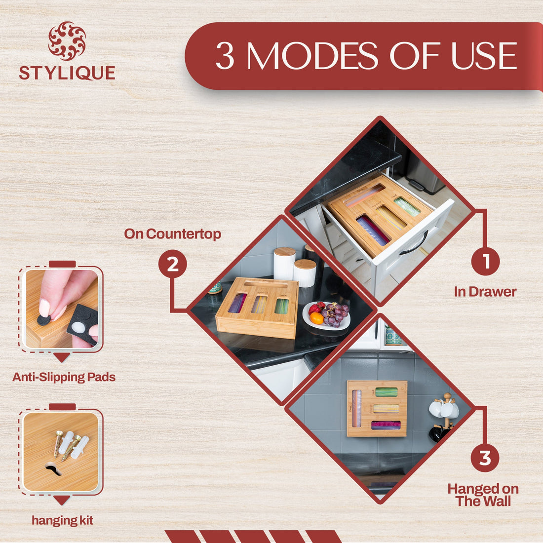 STYLIQUE 4-in-1 bamboo bag organiser keeping a kitchen drawer tidy