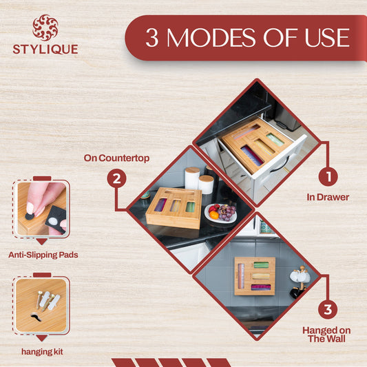 STYLIQUE 4-in-1 bamboo bag organiser keeping a kitchen drawer tidy
