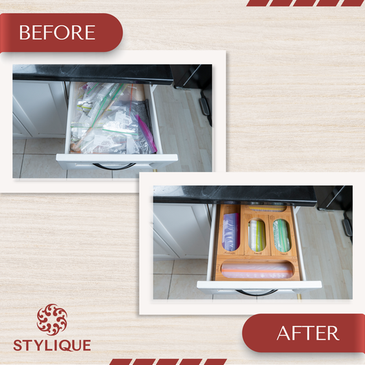An organised STYLIQUE bamboo bag organiser in a tidy kitchen drawer