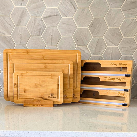 STYLIQUE bamboo chopping board set and 3-in-1 wrap dispenser set out for spring entertaining