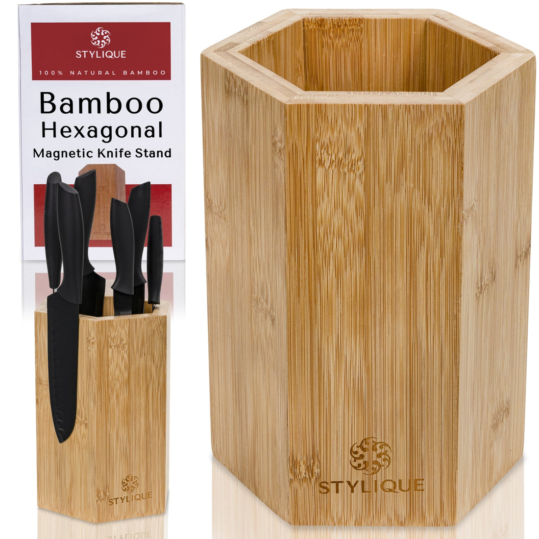 Bamboo chopping board set and magnetic knife holder set up as a Father's Day kitchen gift